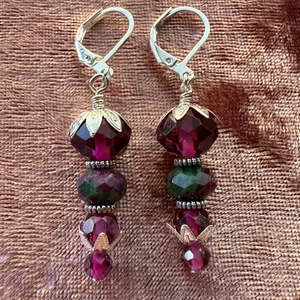 Handmade Earring Set Ruby Zoisite Facet, Sterling Silver & Fuchsia Blown Glass